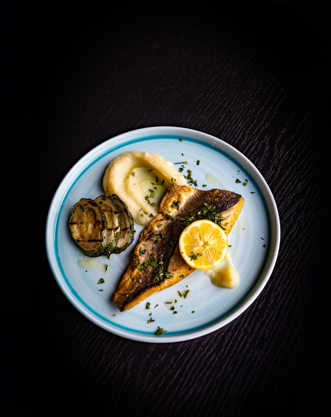 seared sea bass with mash at Osiris Lounge